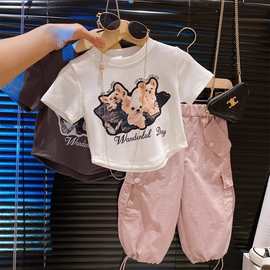 韩国童装夏季女童韩系套装中小童时髦洋气卡通印花短款T 恤工装裤