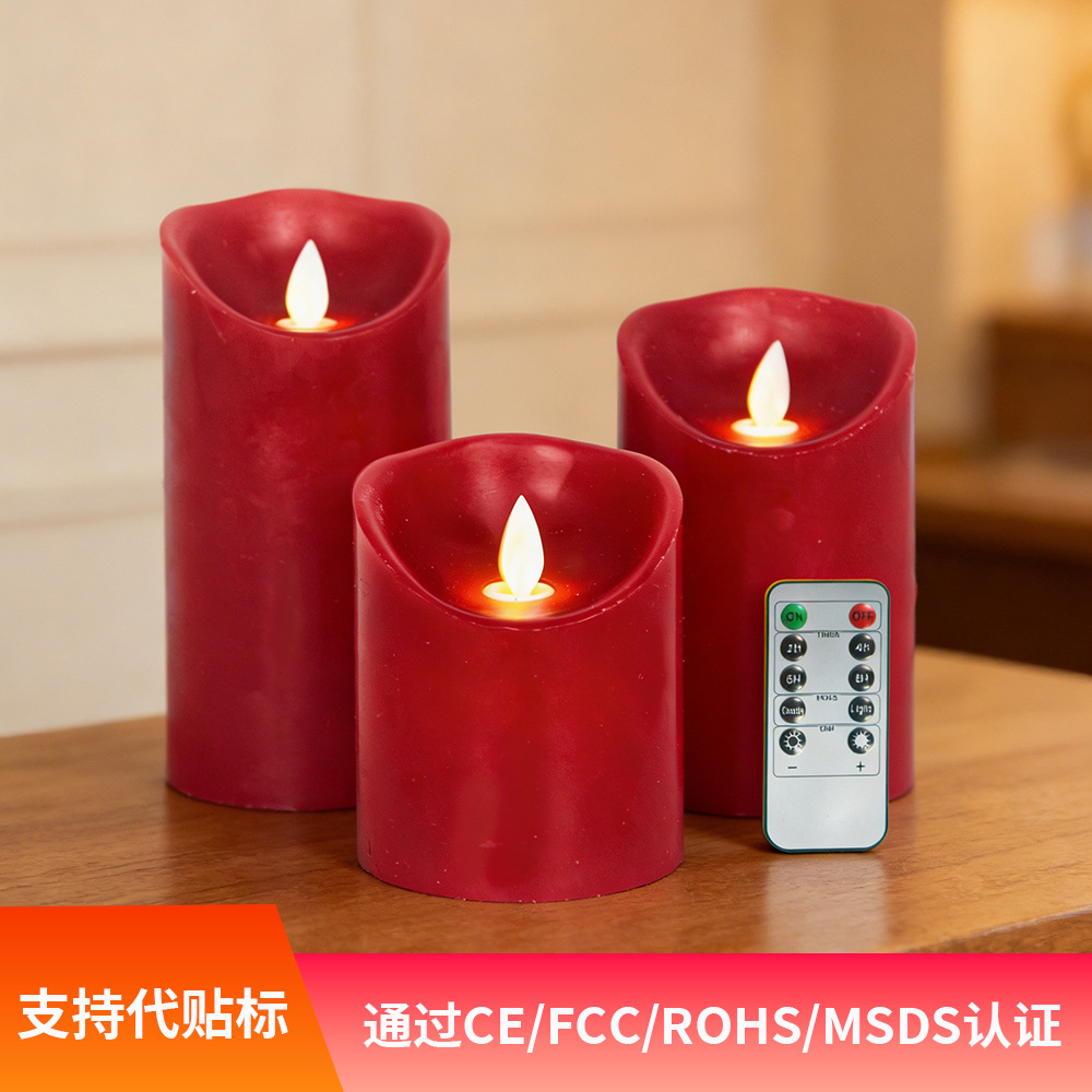 Vela electrónica LED color burdeos sin llama con mecha oscilante diámetro 8 cm y varias alturas decorativa