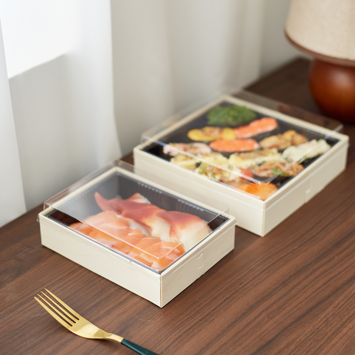 Caja de comida de madera desechable de alta calidad, caja de sushi japonesa, caja de comida para llevar, caja de embalaje de madera