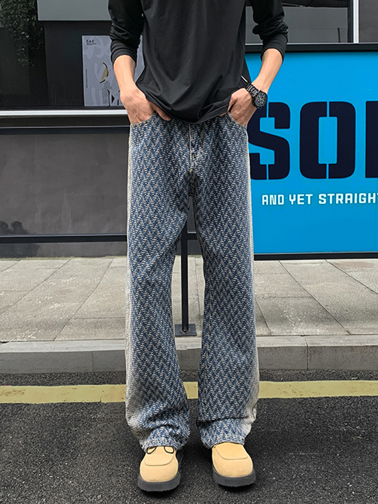 Herren Jacquard Jeans Mit Allover-print Gerade Weite Hose_voghion.com