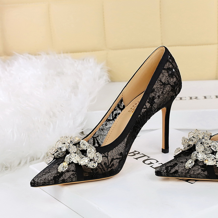 1963-H19 European And American Style Sexy Party High-heeled For Women, Lace Mesh With Rhinestone Bow, Pointed Toe_vogvips.com