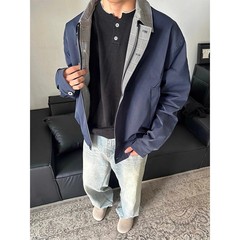 藏青色格纹拼接短款外套男款设计感棒球服cleanfit假两件飞行夹克