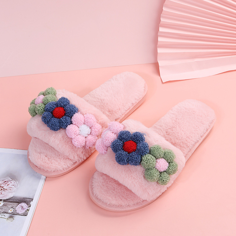 Flat-Bottomed Colorful Flowers Furry Slippers NSKJX104840