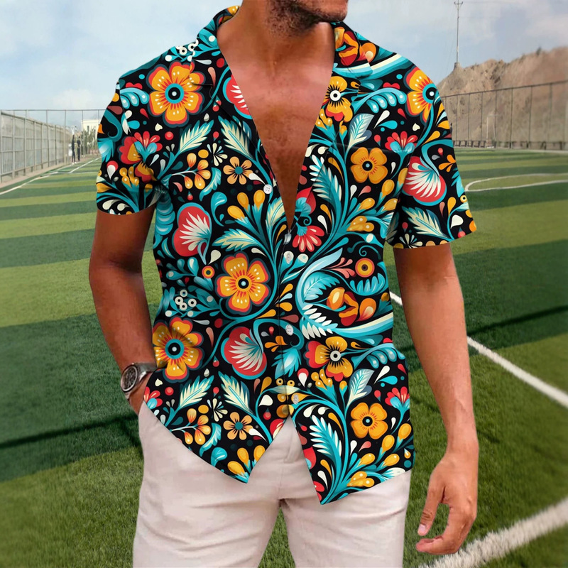Hawaiian Men's Shirt with Turn-Down Collar, Short Sleeves, Mexican Style, Casual Loose Button-Up Shirt, Men's Harajuku Top