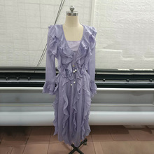 秋季紫色雪纺长袖连衣裙三件套女新款时尚减龄荷叶边超仙半身裙潮