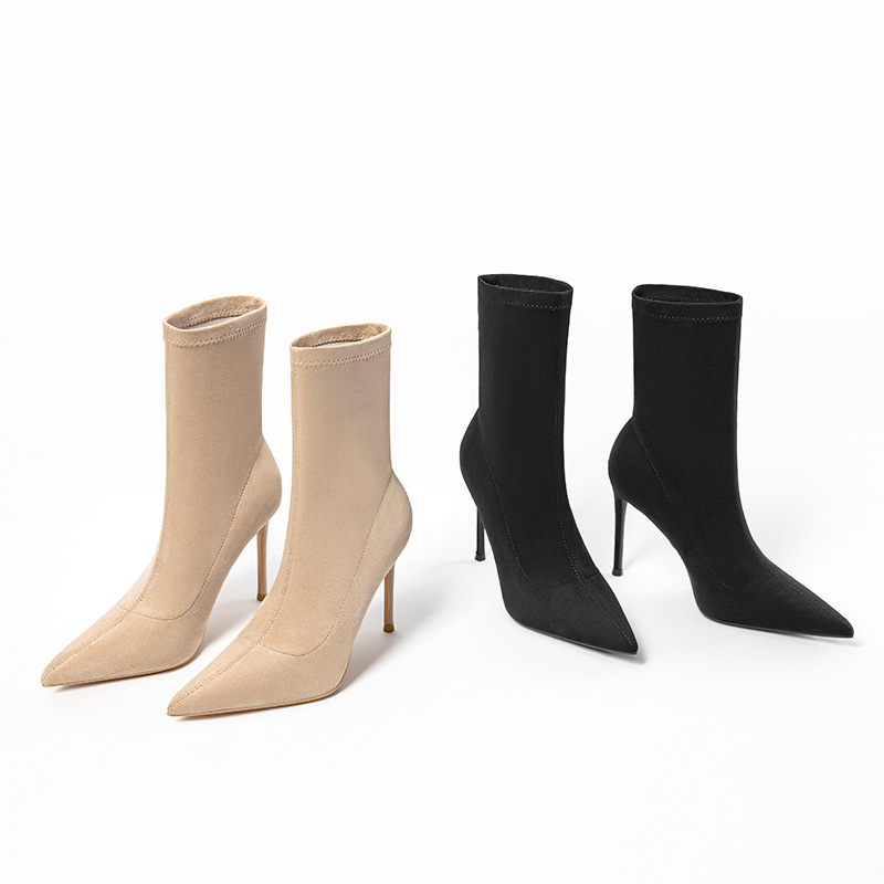 Elegante Damen Stiefel Mit Absatz Pointed Toe Stretch Schwarz_voghion.com
