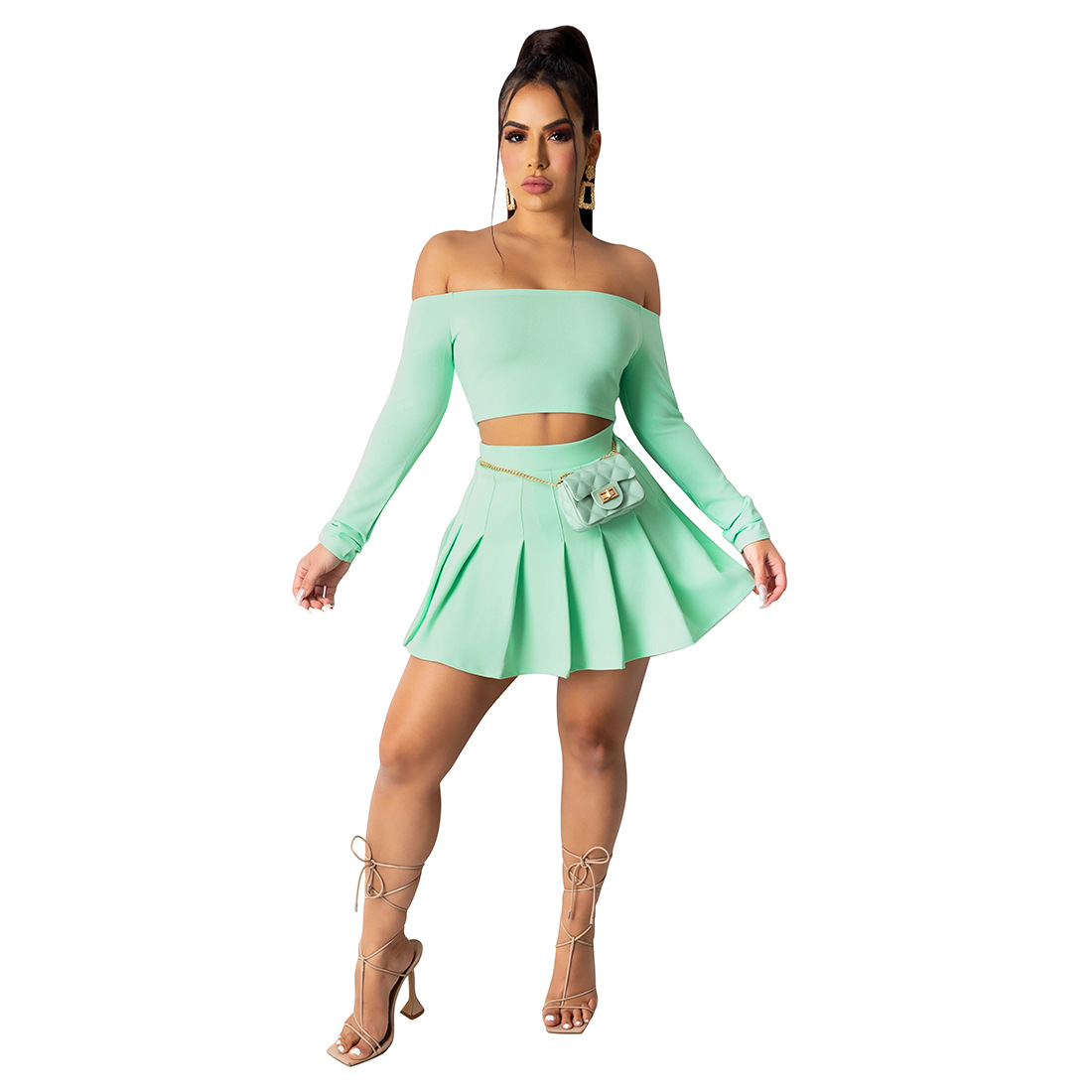 Pleated Solid Color One-Shoulder Long Sleeve Slim Top & Skirt 2 Piece Set NSFBS114851