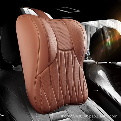Headrest – High-End Car Headrest, Neck - cayenne-orange-one-headrest-genuine-leather-c-style-quilted-embroidery-upgraded-3d-full-support