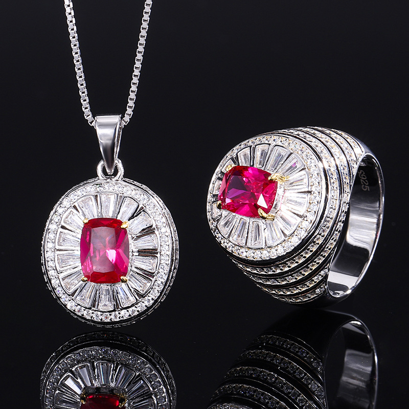 Zhuang Sheng joyería S925 plata transfronteriza simulación corindón rojo 3 quilates estilo retro traje piedra principal 6*8