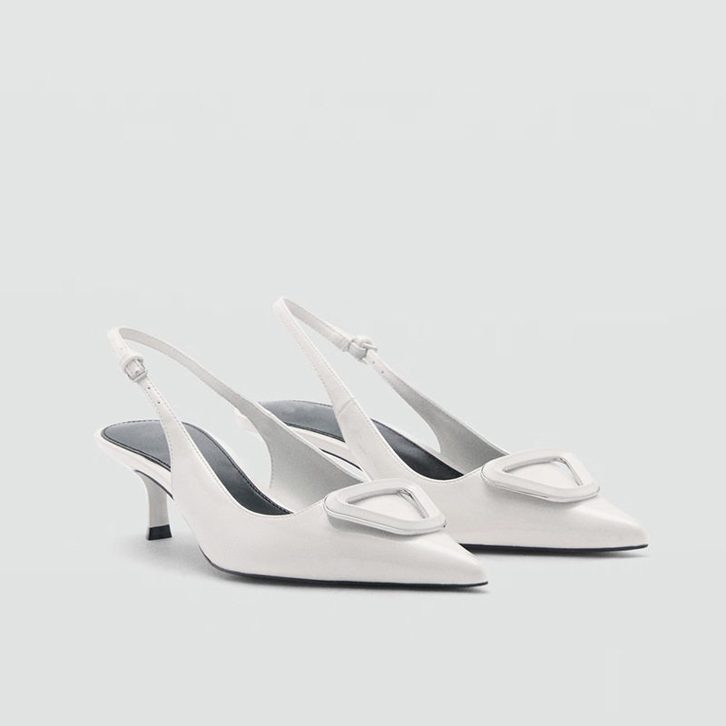 Women's Flats 2025 Autum New Women's Shoes White Patent Leather Metal Buckle Pointed Toe Shallow Mouth Stiletto Heels Women's Shoes