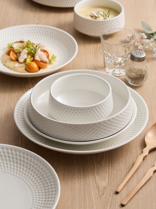 Bowl Household Ceramic Rice Bowl Set White Tableware Combination Soup Bowl Salad Bowl Vegetable Plate Fish Plate Straw Hat Deep Plate