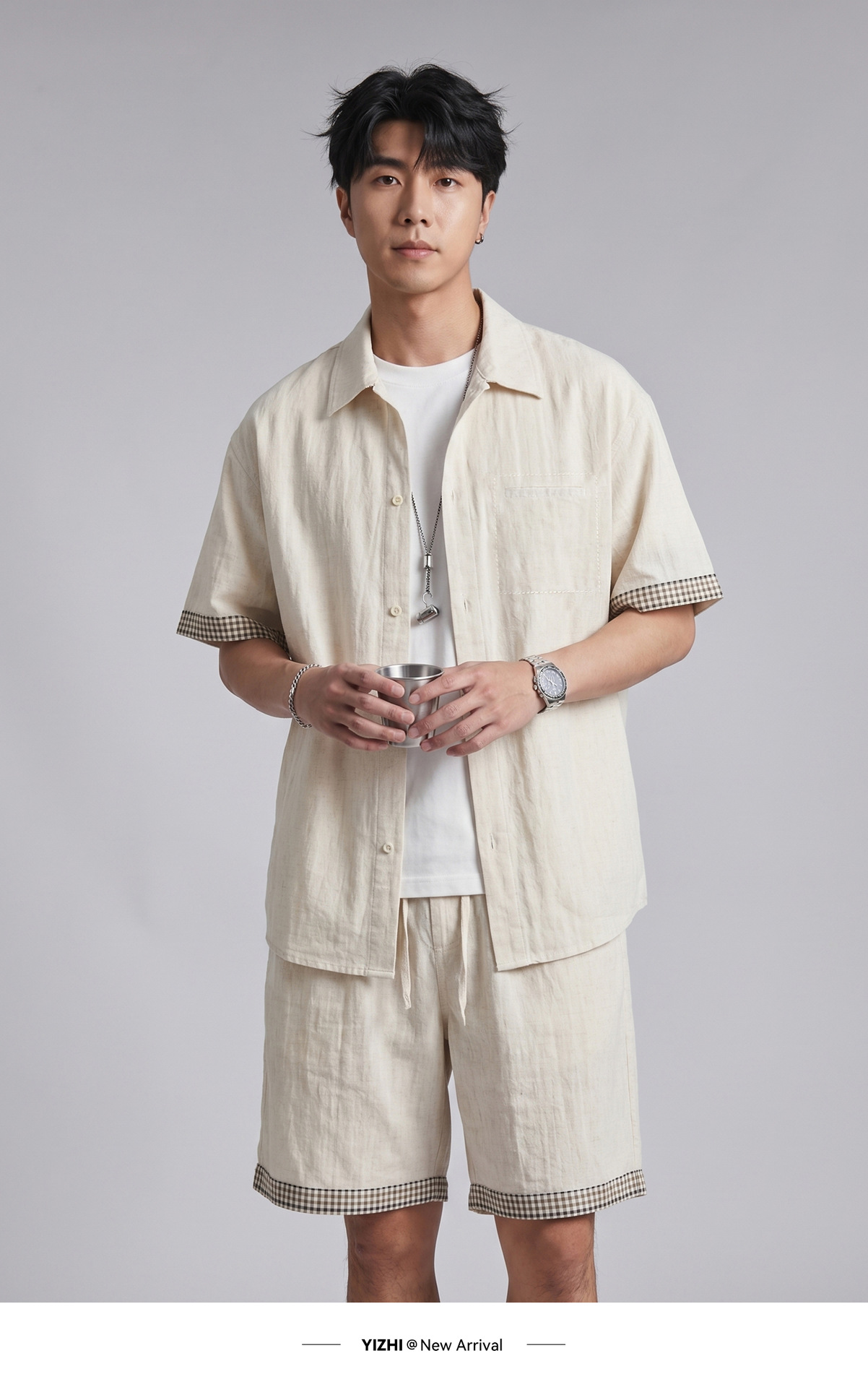 Bộ đồ thể thao nam áo sơ mi ngắn tay kèm quần short chất liệu Tencel mát lạnh — đen chi tiết 9