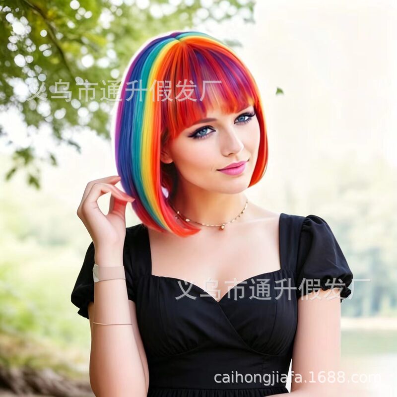 Cross-Border European and American Rainbow Multi-Color Bangs Synthetic Daily Party Style Bob Wig Headgear Wholesale Cross-Border European and American Rainbow Multi-Color Bangs Synthetic Daily Party Style Bob Wig Headgear Wholesale