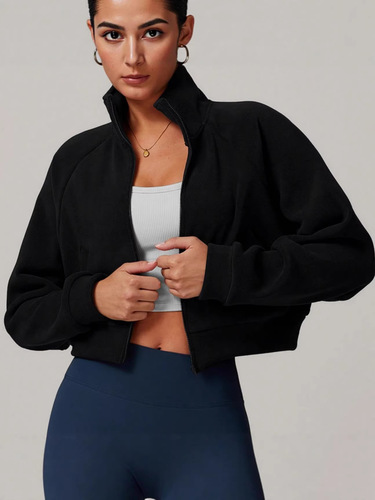 Autumn and winter temperament stand-neck sports coat, long-sleeved, figure-fitting, all-matching, polar velvet large pockets, loose casual top