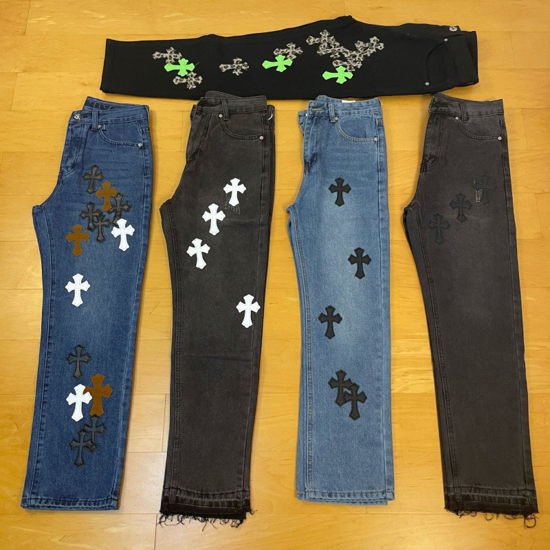 New Ch Brand Collection Trendy Cross Leather Label Washed Denim Jeans Couple Loose Straight-Leg Pants for Men and Women