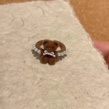 奶萌蝴蝶结小熊珍珠戒指秋冬小众设计感女食指戒甜美可爱开口指环