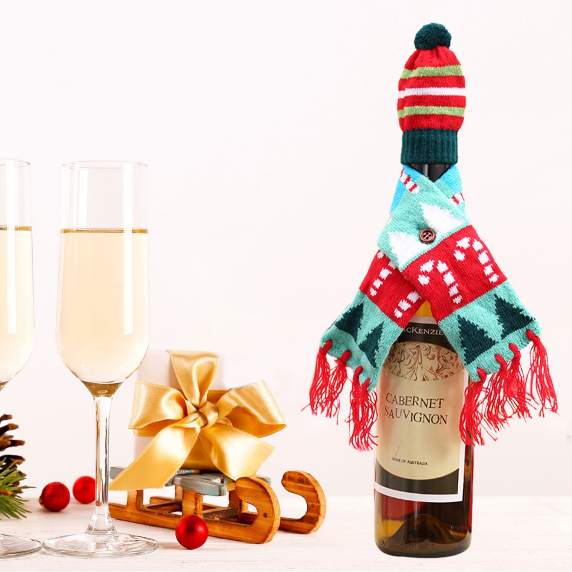 Bufandas transfronterizas botellas de vino cubierta botellas de vino decoración de botellas de vino de Navidad bufandas de punto set sombrero decoración de botellas de vino de Navidad