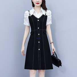 2026夏季新款宽松遮肚桑蚕丝假两件时尚衬衫领拼接真丝连衣裙女装