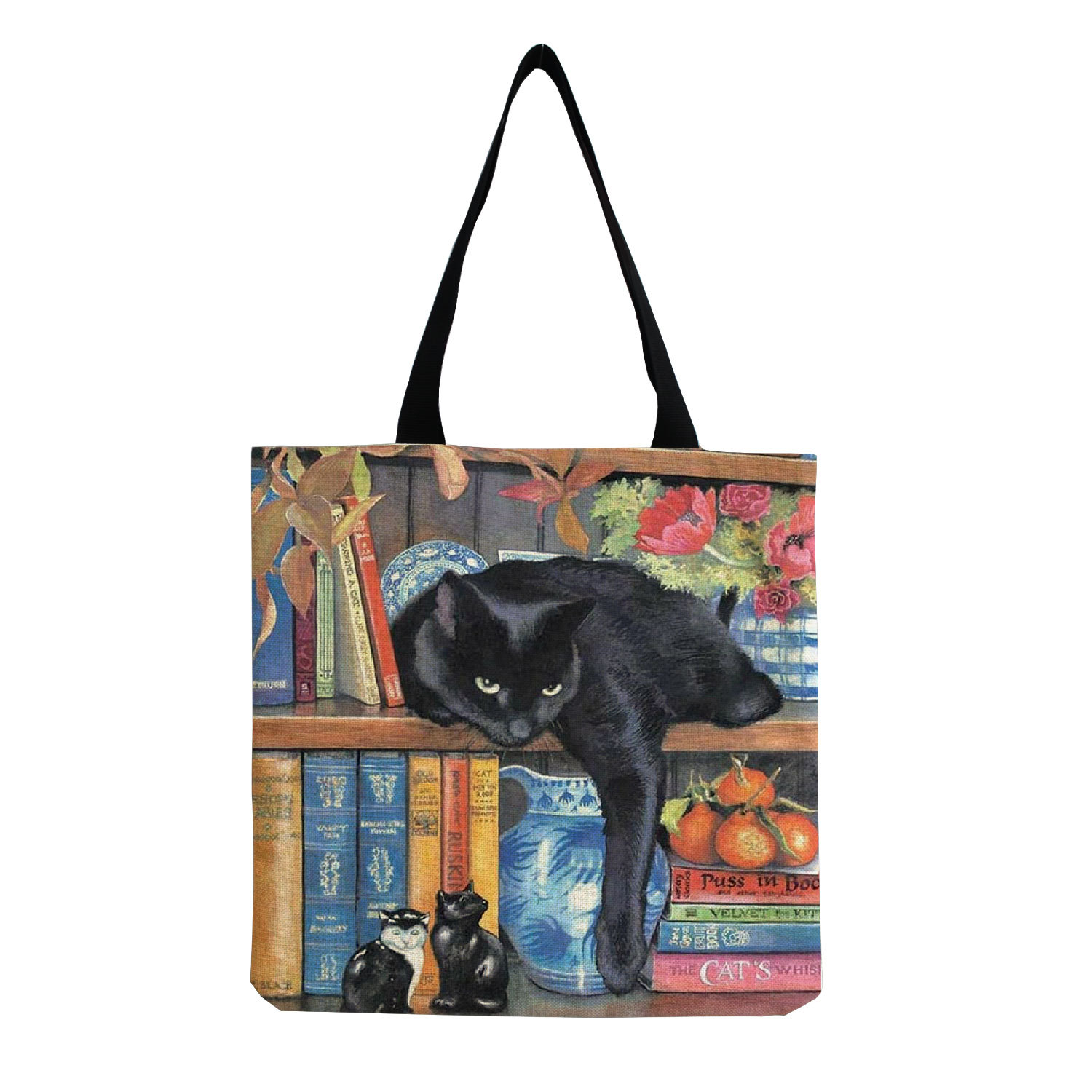 61g Weight Open Closure Type Double Handle Strap Type Tote Bag Bags Type Casual, Daily, Shopping Occasion cotton and linen Material Cat Pattern All Seasons Season Women's Gender Cute Style Square Shape Women's Cotton And Linen Cat Cute Square Open Tote Bag 12