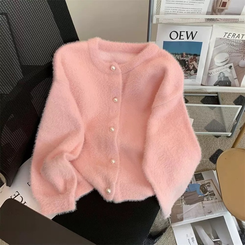 欧美跨境仿貂绒宽松毛衣女秋冬新款慵懒风软糯珍珠扣针织开衫外套|undefined