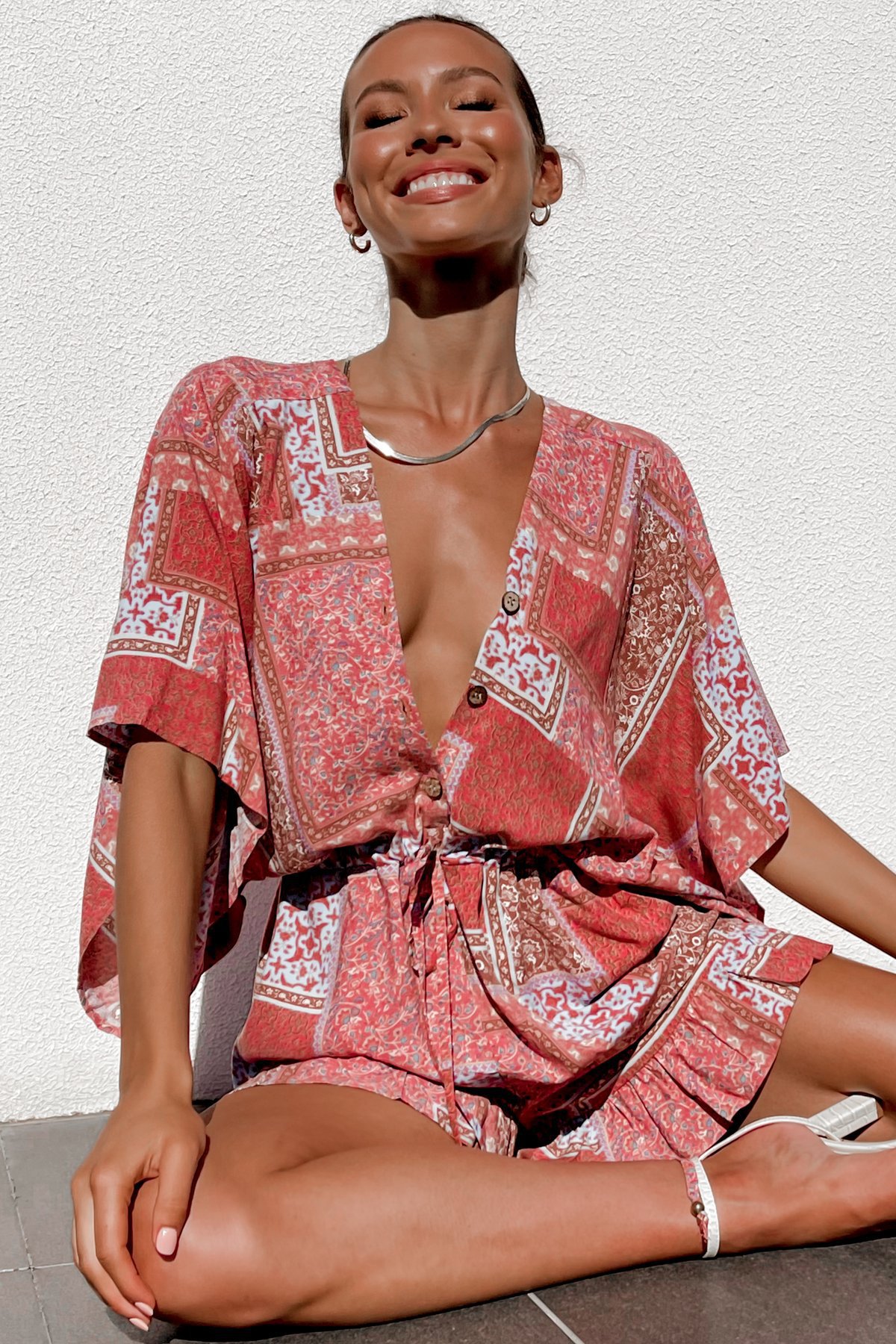 Summer Women Clothing Printed V Neck Ruffled Short Sleeves Loose Casual Jumpsuit