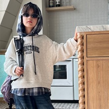 2025秋款童装儿童假两件连帽衣 格纹撞色男童中大童潮款洋气卫衣