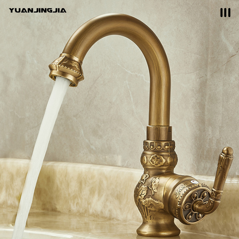 Vintage Carved Thickened All Copper Body Basin Faucet Bathroom Bathroom Counter Basin Rotatable Hot and Cold Faucet