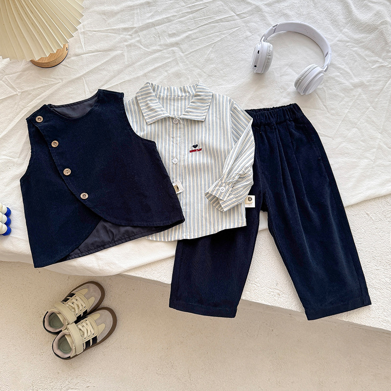 男童秋装三件套装2025新款韩版灯芯绒童装宝宝衬衫裤子秋款衣服潮