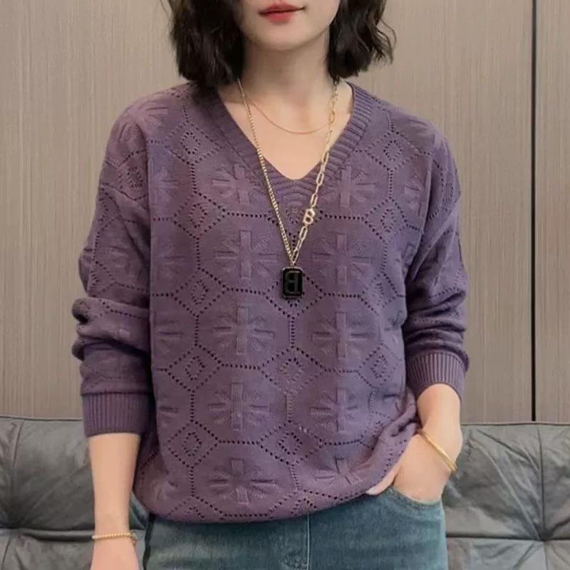 Полый свитер с длинными рукавами, свободный Универсальный женский свитер 2024, новый весенне-осенний Тонкий Топ в стиле мам с V-образным вырезом