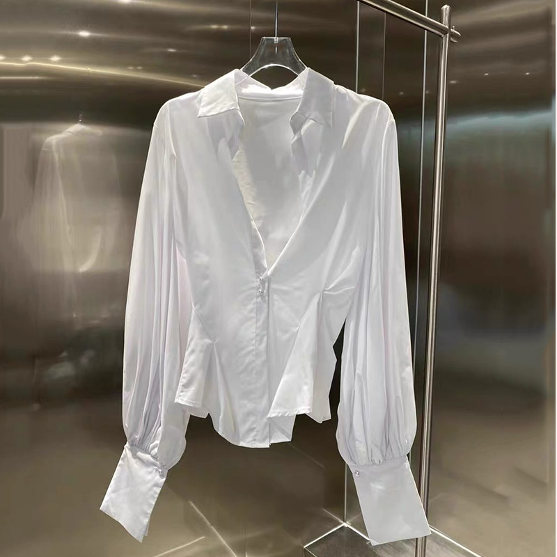 时尚长袖办公室衬衫翻领长袖压褶不对称下摆高级感衬衣上衣女秋款