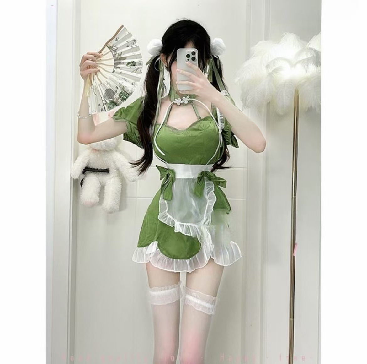 Lolita Maid Costume Set with Lace Apron and Ruffle Thigh-high Stockings, One Size — detail image 6