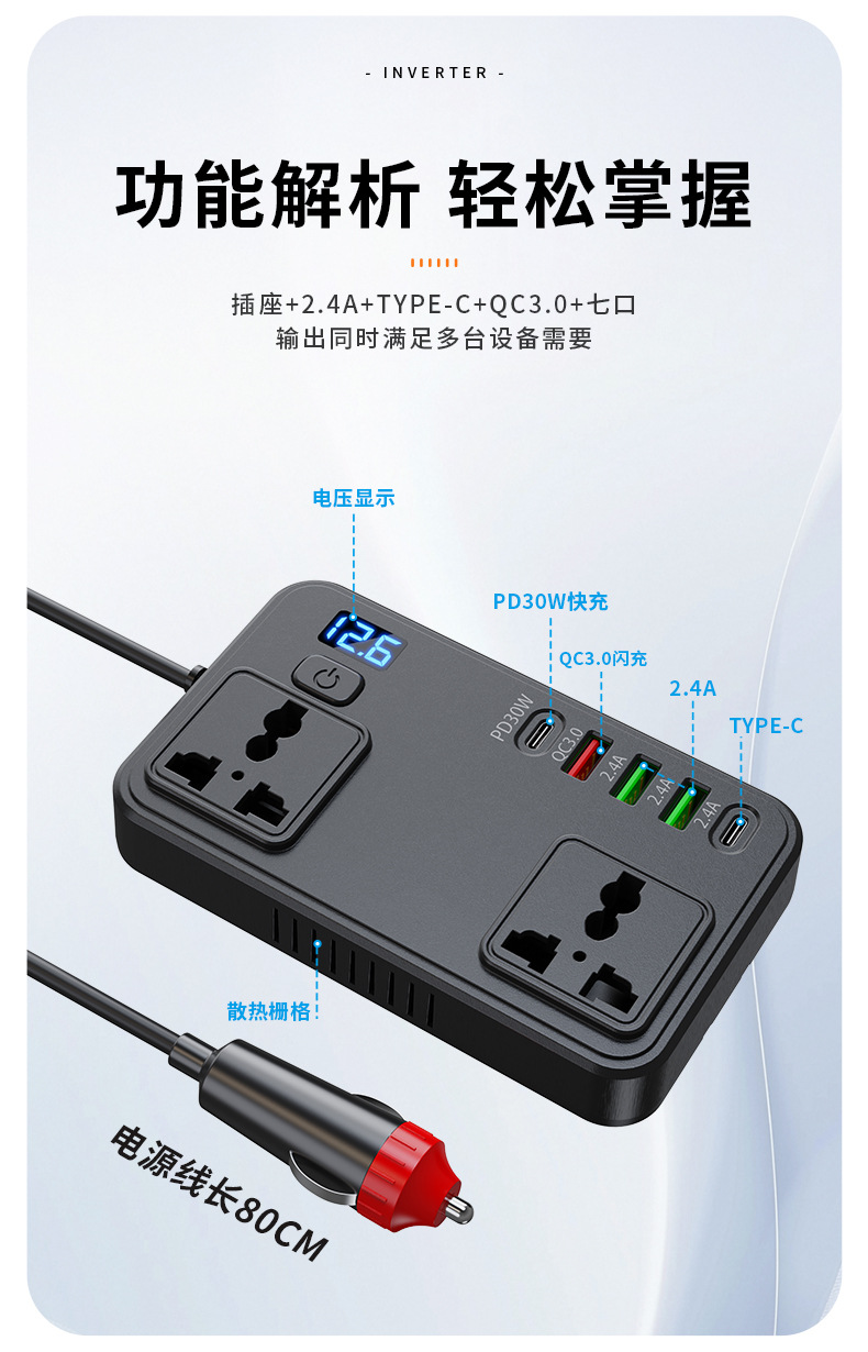 Car and truck 12V/24V to 110V/220V multifunctional vehicle-mounted inverter 150W mobile phone charger socket
