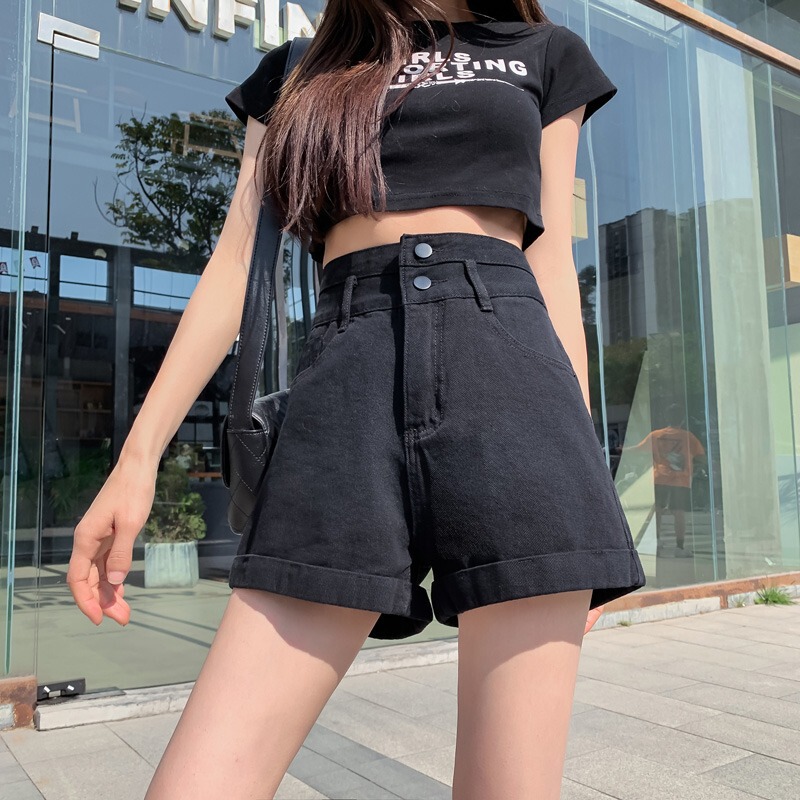 Black Super High Waist Denim Shorts Women's Design Sense Double Buckle Loose Slimming Outer Wear Straight Curled Wide Leg Hot Pants Black Super High Waist Denim Shorts Women's Design Sense Double Buckle Loose Slimming Outer Wear Straight Curled Wide Leg Hot Pants