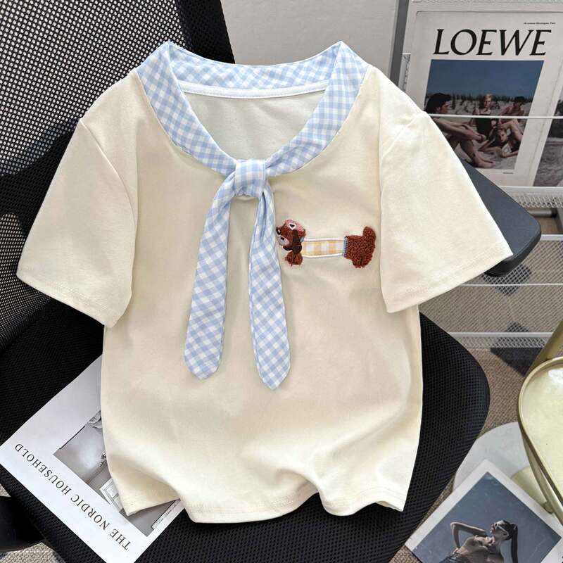 Academy-Style Embroidered Plaid Bow Tie Short-Sleeve T-Shirt for Women, Summer Slim-Fit Regular Shoulder Short Top, Ins Style