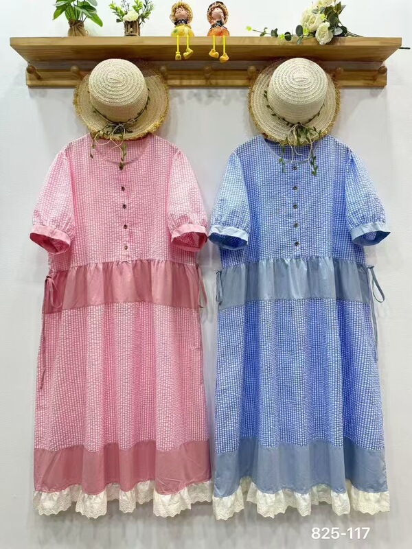 825177 Japanese-Style Lazy Loose-Fitting Plaid Patchwork Lace-Trimmed Short-Sleeve Long Dress