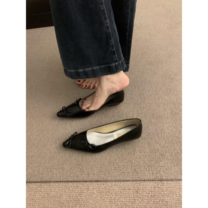 【Tax Not Included】2024 Spring and Autumn New Style Low-Heeled Pointed Toe Shoes, Fairy Shoes, Shallow Black Bow-Knot Shoes to Match Skirts