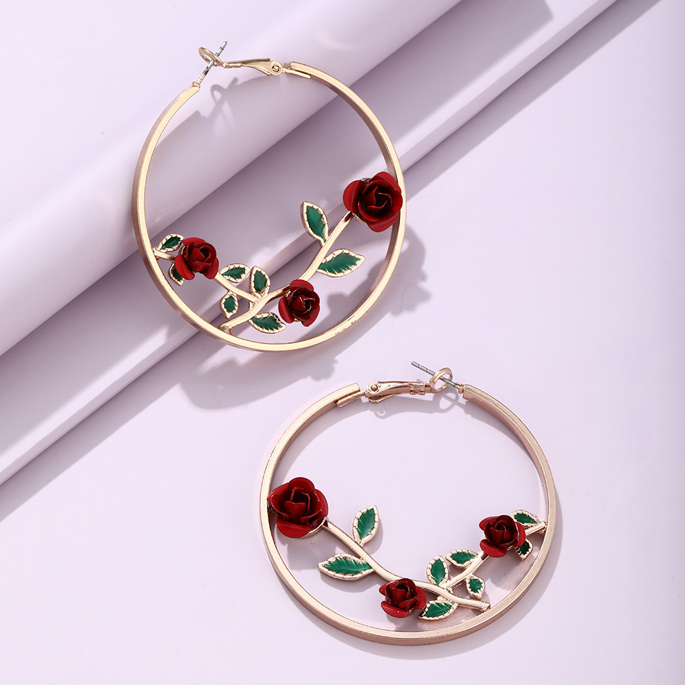 Europe And America Cross Border New Retro Hollow Out Rose Earrings Exaggerated Personalized Flower Metal Alloy Earrings Ear Clip Accessories display picture 9