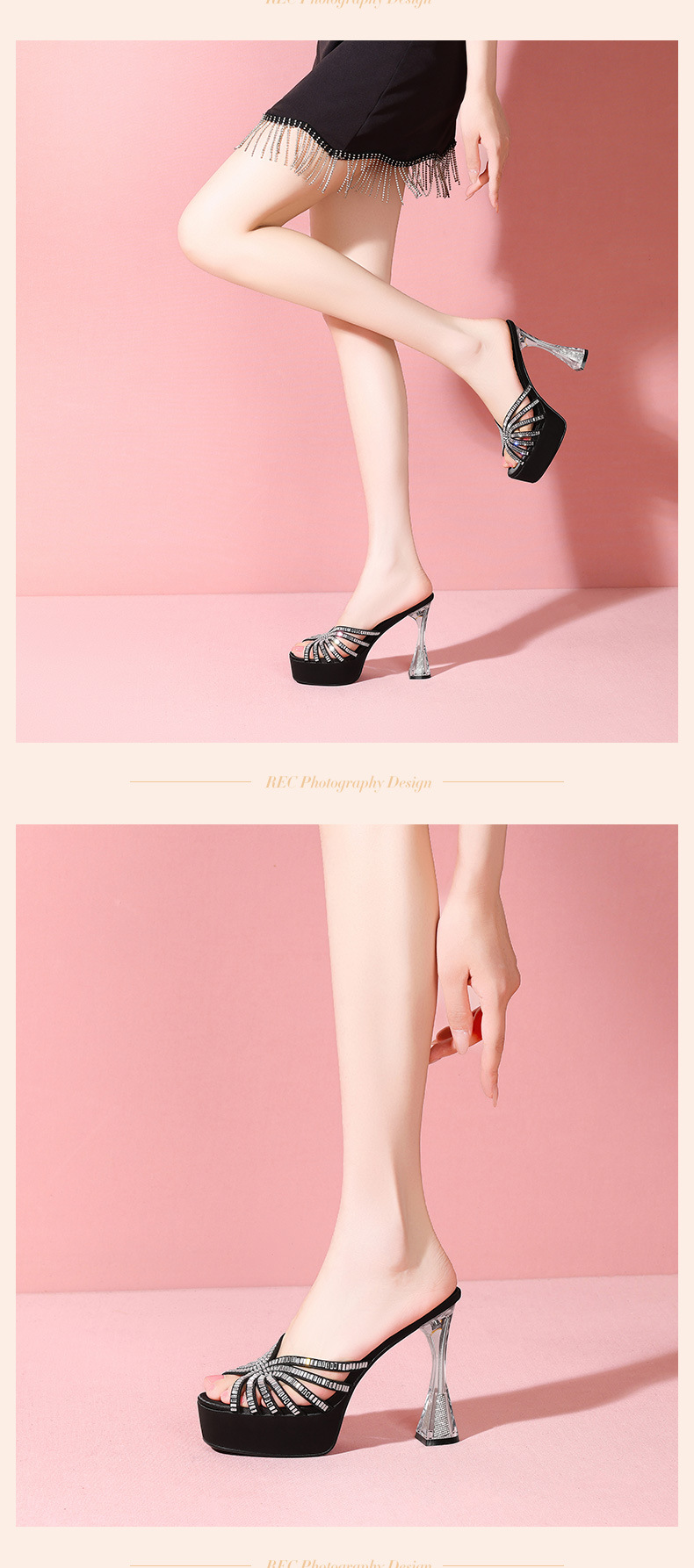 Sandal cao gót nữ hở mũi đính pha lê, gót 9 cm, đế platform, mũi tròn — đen chi tiết 6