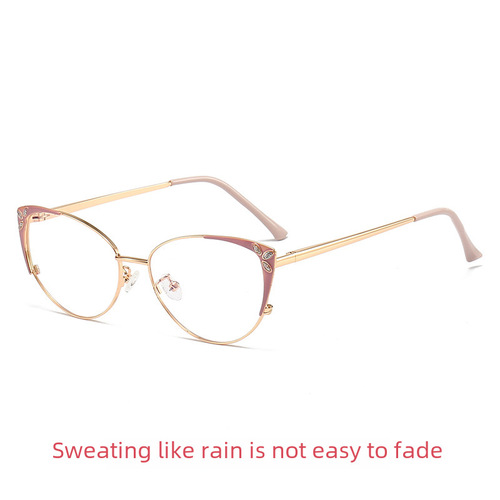 New European and American style cat-eye glasses frame metal simple face, internet-famous women's rhinestone slingshot temple, anti-blue light plain glasses