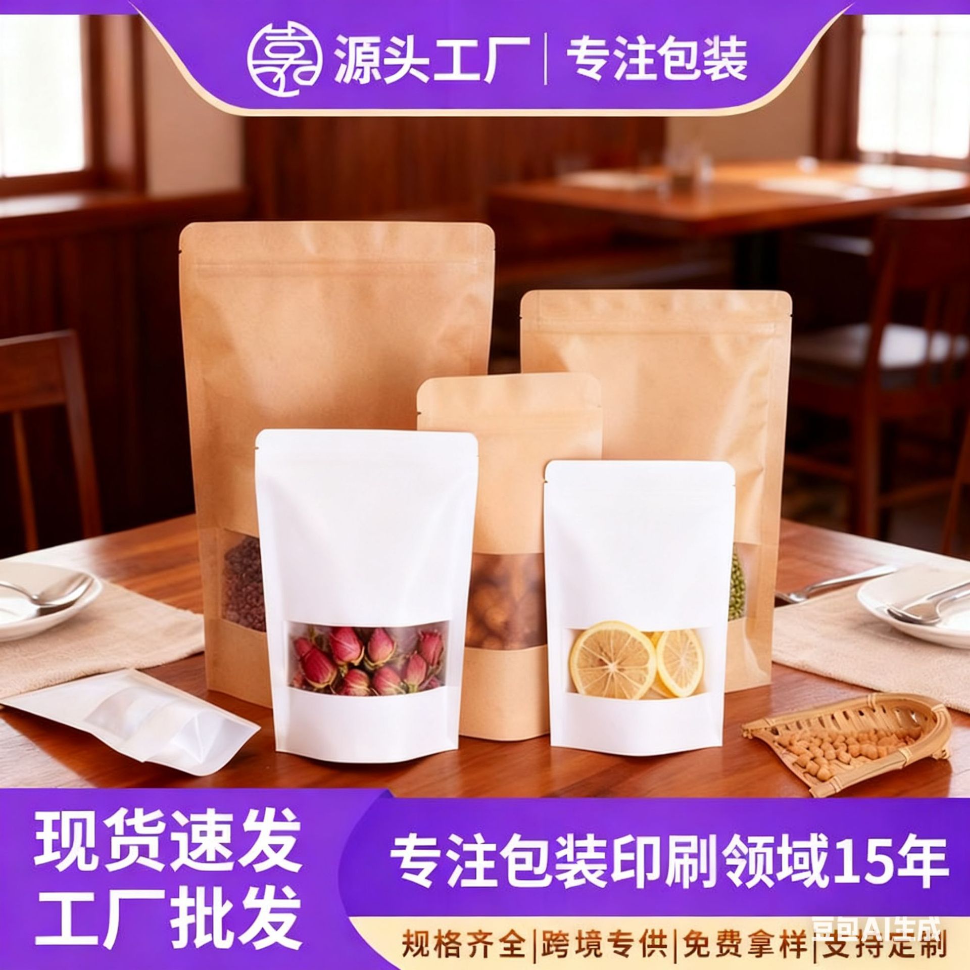 牛皮纸袋开窗包装袋加厚坚果茶叶拉链密封袋食品包装自立自封袋