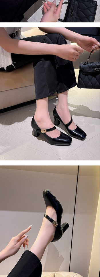 Giày cao gót nữ mũi vuông quai ngang khóa cài gót dày 6–8 cm — Màu trắng nhạt, rượu vang đỏ, đen chi tiết 12