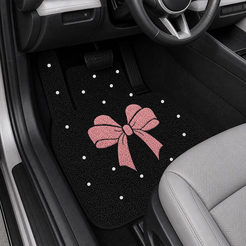 Ins-style cute cartoon bow silk loop car mat, wear-resistant, dirt-resistant, durable, mud-scraping, easy to clean, car interior floor mat