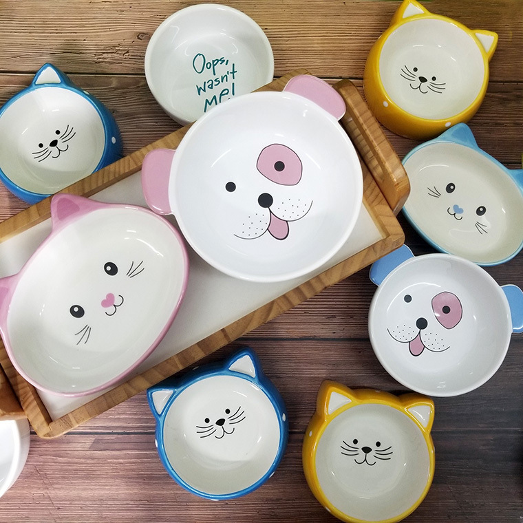 陶瓷碗猫用陶瓷卡通猫碗ins防打翻猫咪狗盆猫盆喝水碗带防滑垫宠