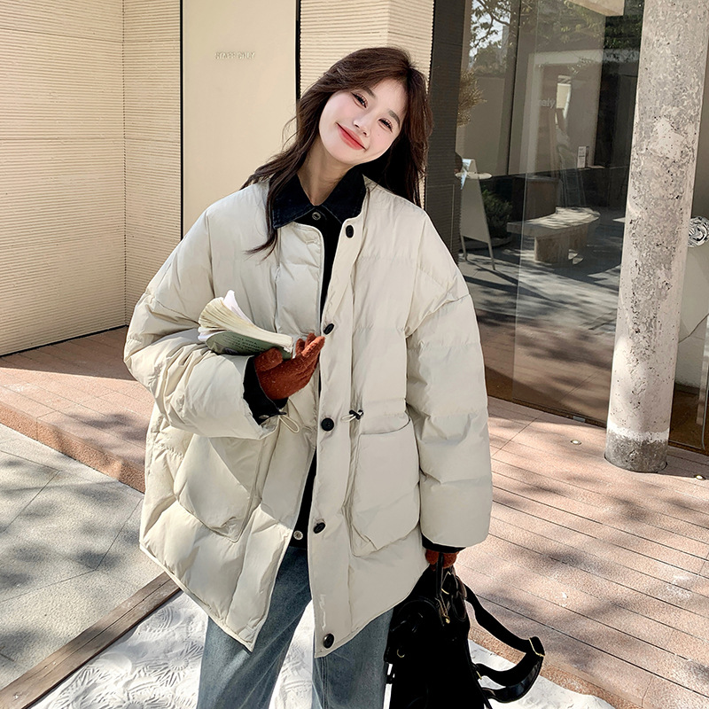 牛仔拼接假两件羽绒服女冬2024新款学院风休闲文艺森系面包服爆款