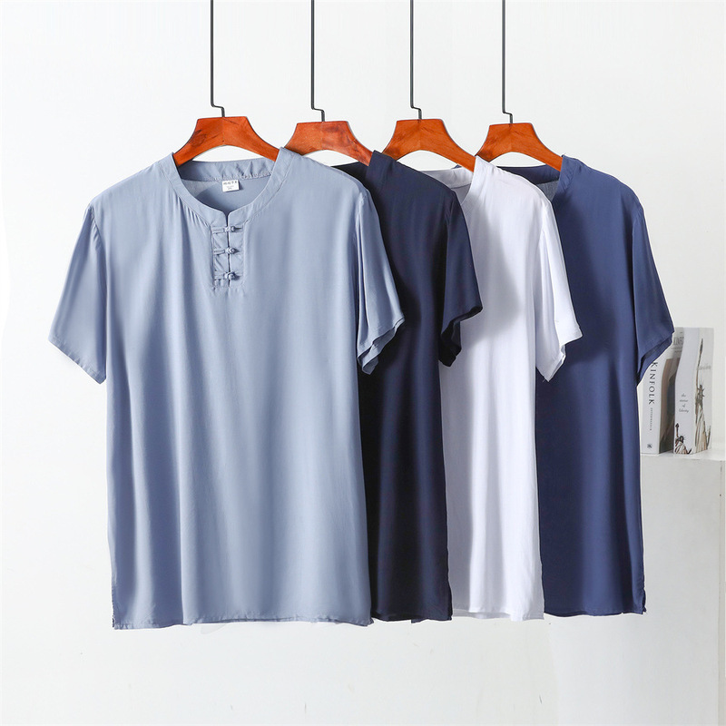 Cotton Silk Short-sleeved Button T-shirt for Middle-aged and Elderly Men's Thin Artificial Cotton Pullover Large Size Top Men's Round Neck Base Shirt