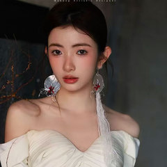 新しい中国風のイヤリング、花嫁のウェディングドレスのイヤリング、高級な白いウールのロングタッセルイヤリング、ファッショナブルで多用途です。