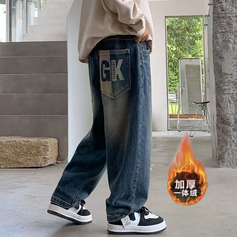 男童冬季一体绒牛仔裤中大童老爹裤子新款长裤韩版时髦休闲哈伦裤