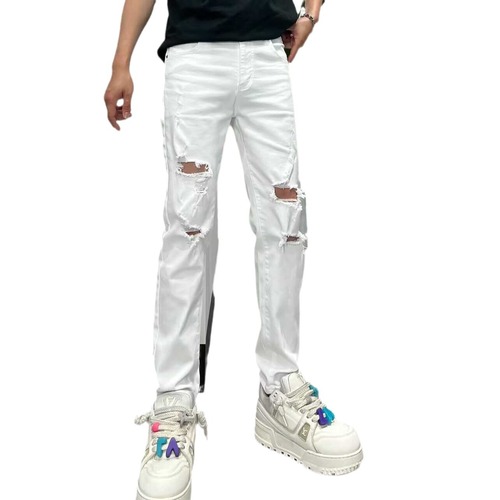 2024 Summer New Holey Denim Jeans for Men Trend Brand Slim Straight 9-Hole Pants Korean Style Fashion Matchable Long Pants