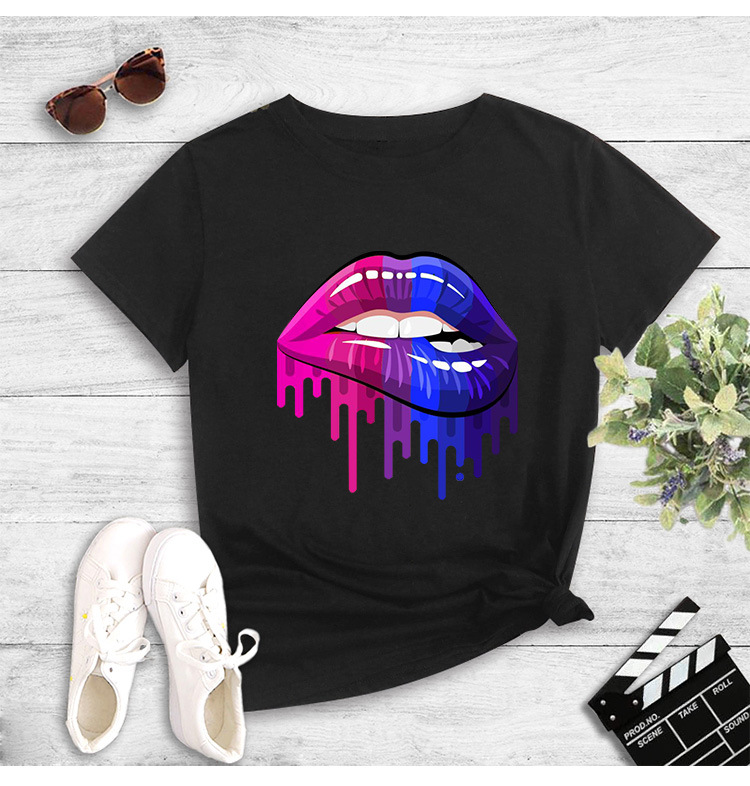 camiseta de manga corta casual con estampado gráfico de labios de color NSYIC58813