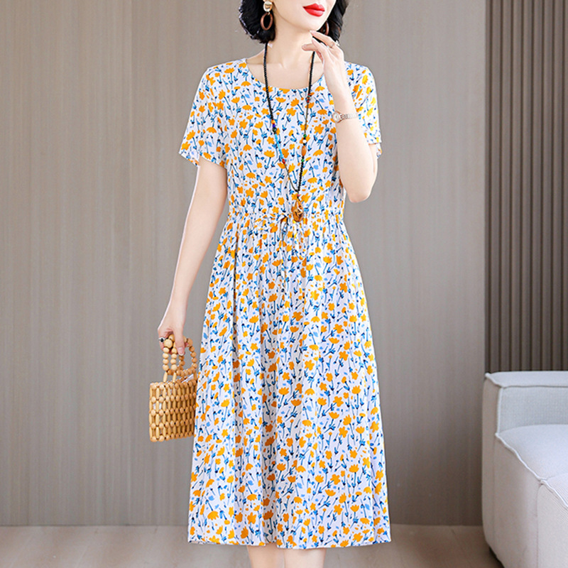 New Arrival Stylish Cotton Silk Dress Women's Summer Fashionable Tight Waist Slimming Crewneck Middle-aged and Elderly Artificial Cotton Printed Skirt New Arrival Stylish Cotton Silk Dress Women's Summer Fashionable Tight Waist Slimming Crewneck Middle-aged and Elderly Artificial Cotton Printed Skirt